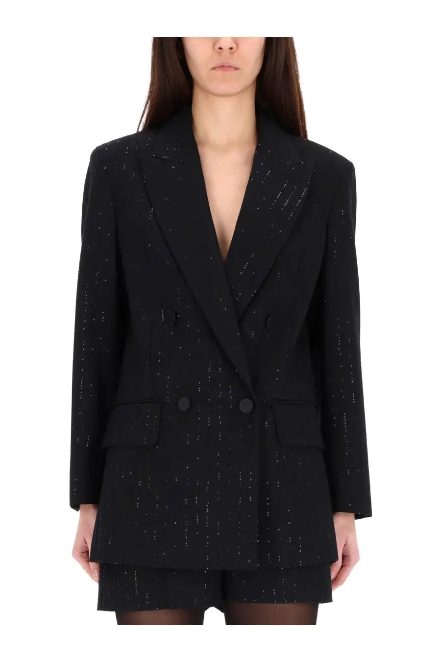 Max Mara women’s black double breasted blazer with subtle shimmering thread detailing in luxurious fabric