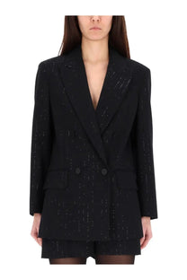 Max Mara women’s black double breasted blazer with subtle shimmering thread detailing in luxurious fabric