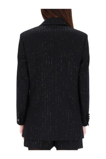Max Mara women’s black double breasted blazer with subtle vertical glittering lines on fabric front view