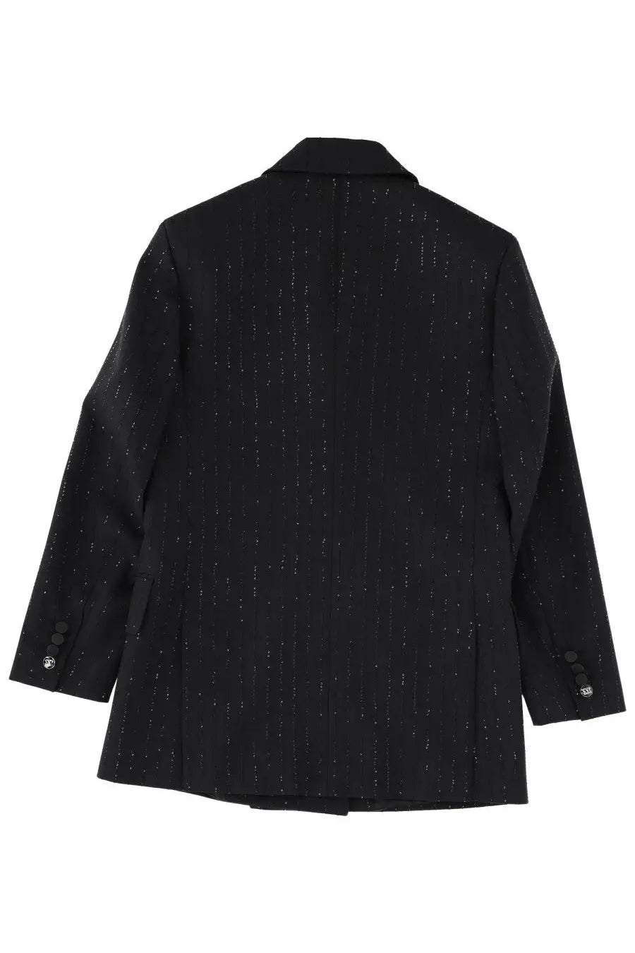 Max mara women’s double breasted black blazer with subtle vertical shimmering stripes in a sleek fabric