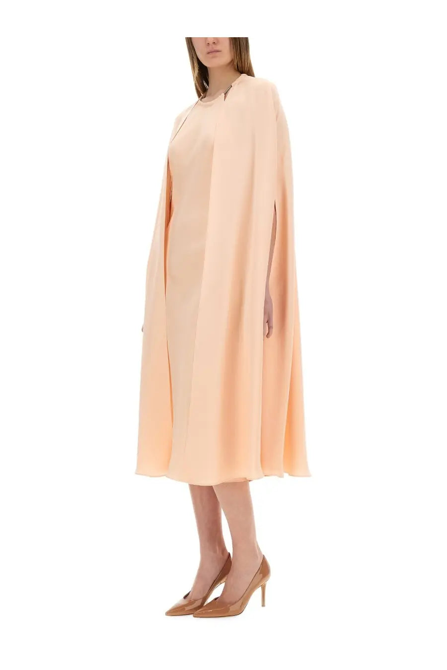Max mara women’s peach cape dress with sleek minimalist design and subtle side slits for elegant occasions