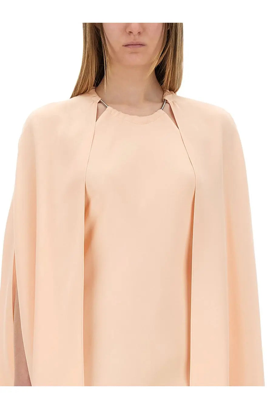 Max mara women’s dress managua blue showing a soft peach-colored flowing cape top with cut-out neckline details
