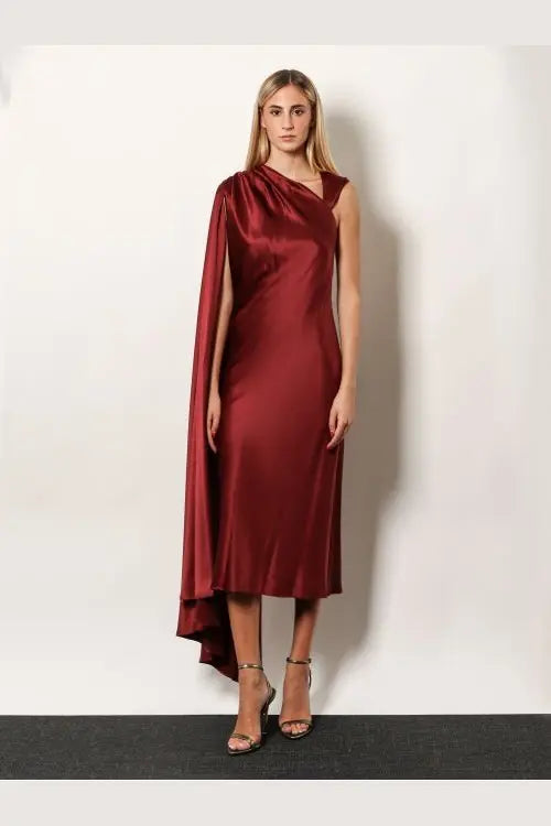 Max Mara women’s Edolo silk dress red featuring a sleek burgundy satin gown with draped cape-like sleeve and asymmetrical hemline