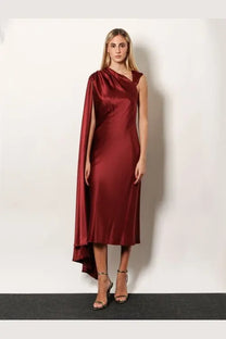 Max Mara women’s Edolo silk dress red featuring a sleek burgundy satin gown with draped cape-like sleeve and asymmetrical hemline