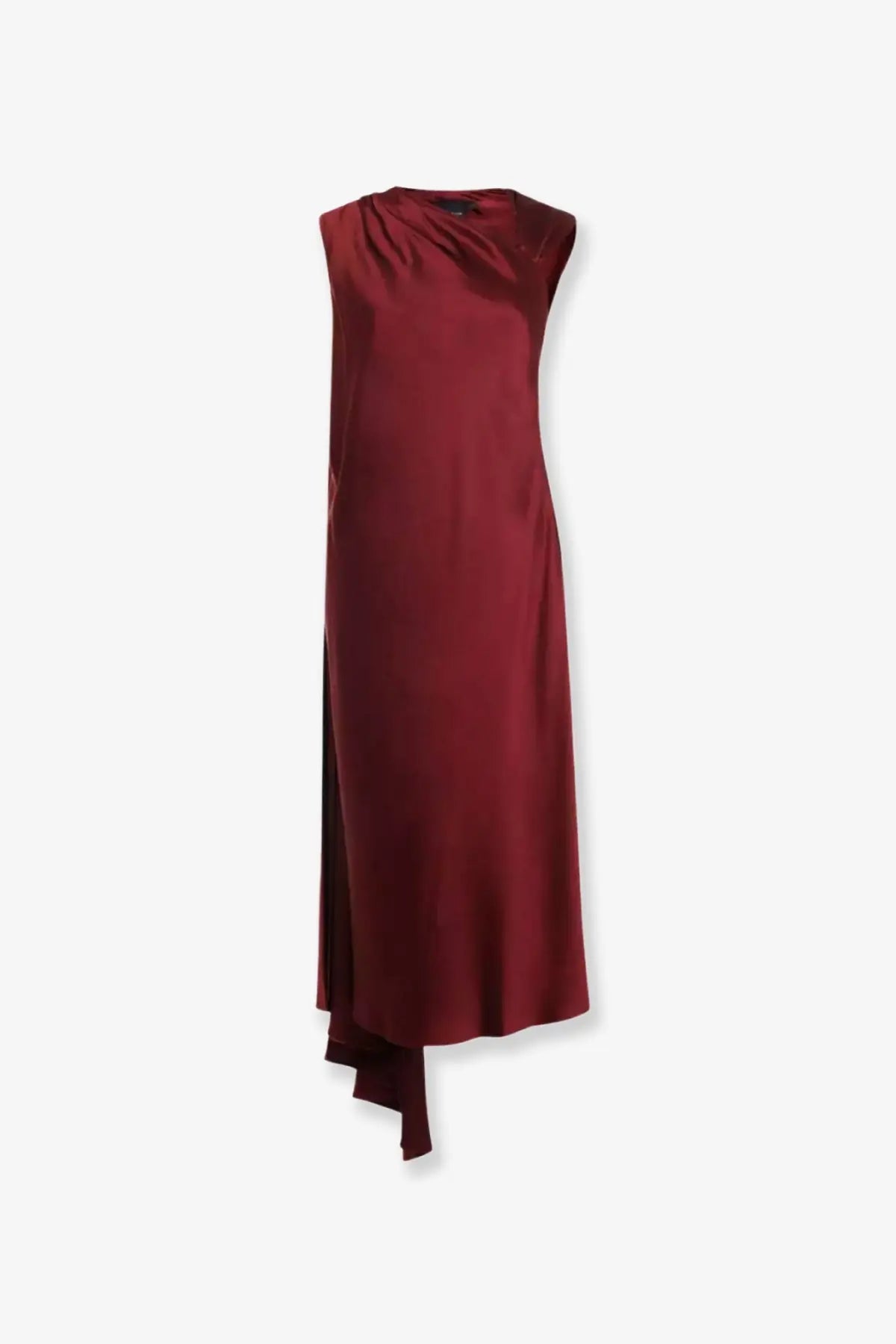 Max Mara women’s Edolo sleeveless burgundy silk dress with draped neckline and asymmetrical hemline