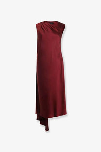 Max Mara women’s Edolo sleeveless burgundy silk dress with draped neckline and asymmetrical hemline