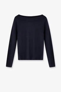 Black long-sleeved top with boat neckline made of smooth fitted fabric in max mara womens faretra cashmere sweater blue style