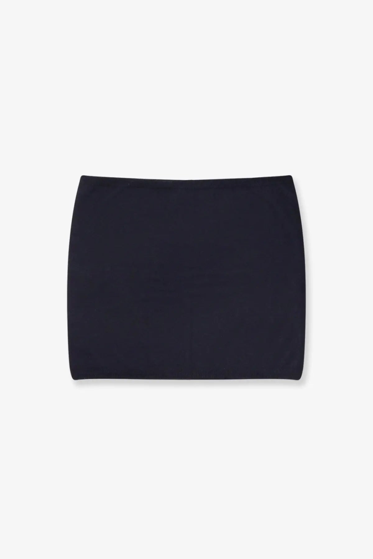 Black minimalist mini skirt with smooth stretchy fabric and clean straight hemline paired with max mara blue cashmere sweater