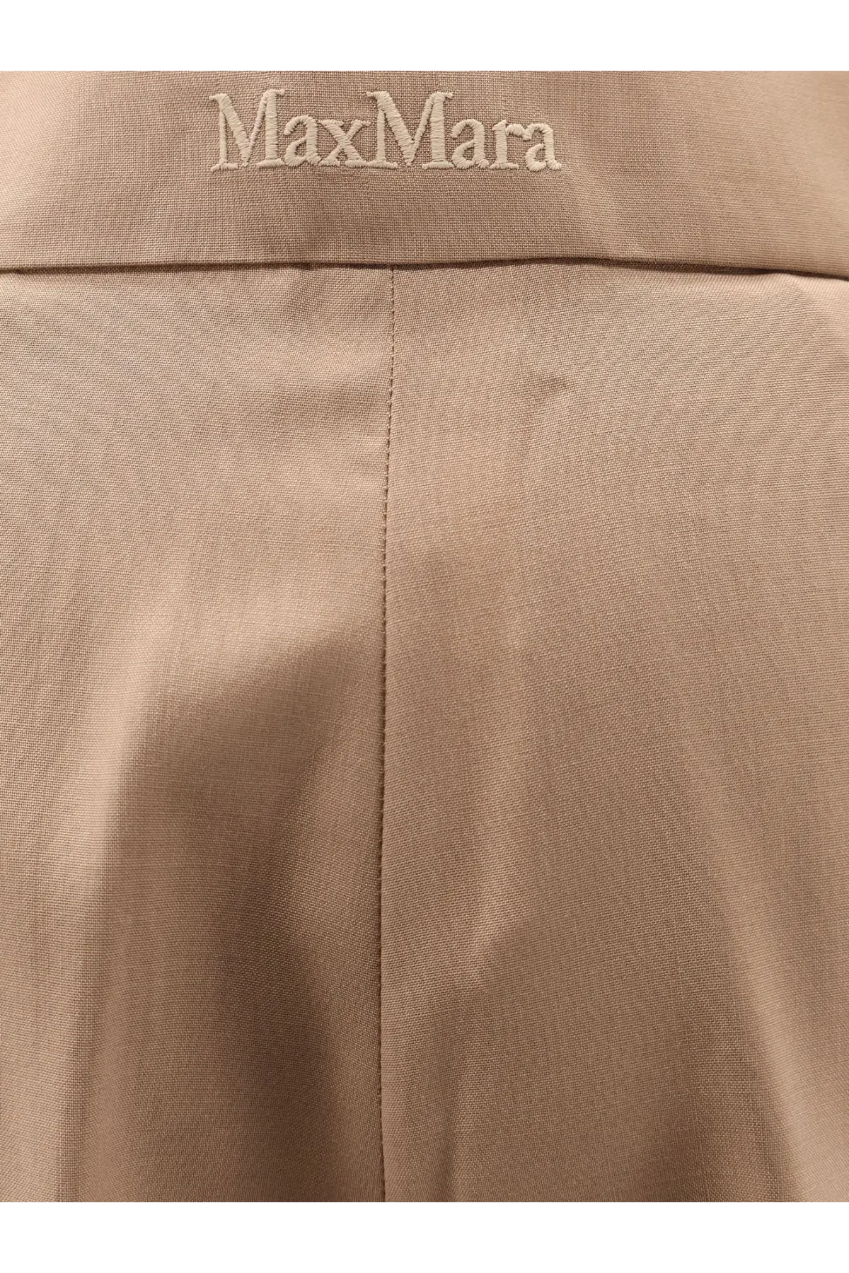 Beige max mara women’s fernet virgin wool trousers with subtle woven texture and embroidered waistband branding