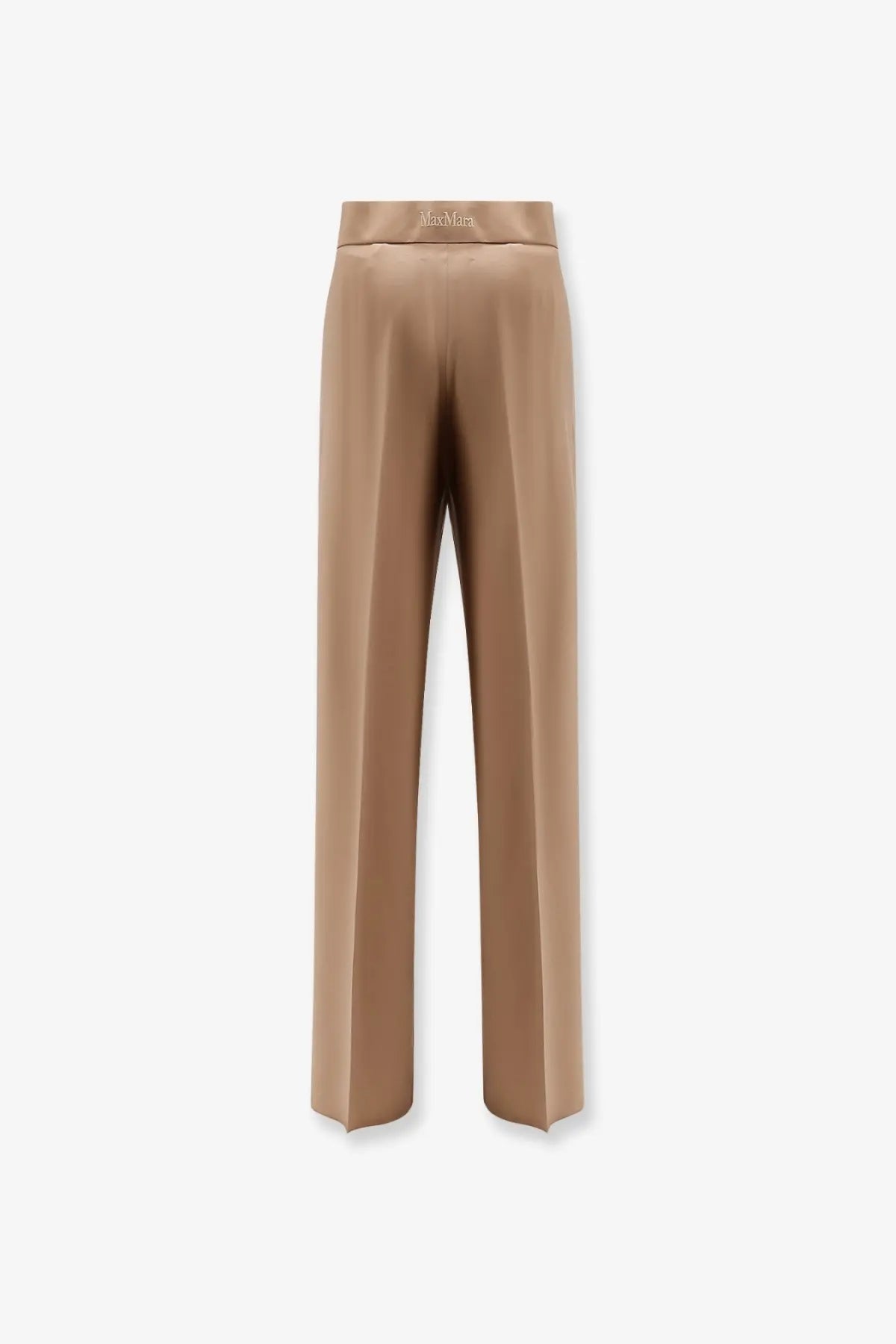 Tan satin max mara wide-leg trousers with embroidered logo on waistband from the fernet virgin wool collection