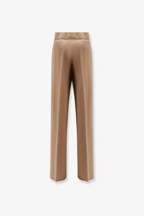 Tan satin max mara wide-leg trousers with embroidered logo on waistband from the fernet virgin wool collection