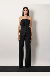 Black strapless top with large bow front paired with Max Mara women’s Fernet virgin wool black wide-leg trousers