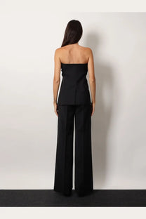 Max Mara women’s black virgin wool wide-leg tailored trousers paired with a black strapless tailored top