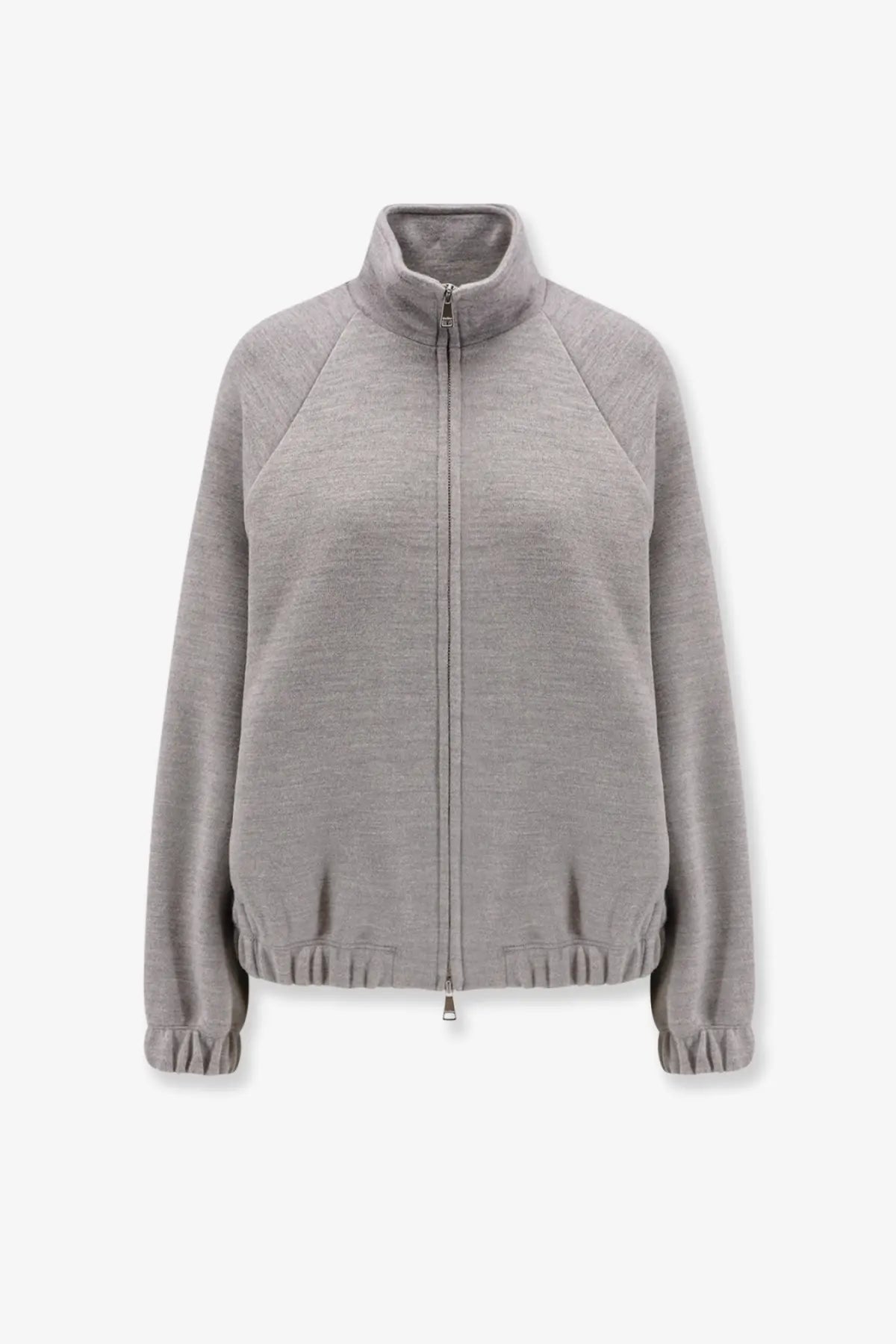 Max Mara women’s frine double wool cotton grey zip-up sweatshirt with high collar and ribbed cuffs