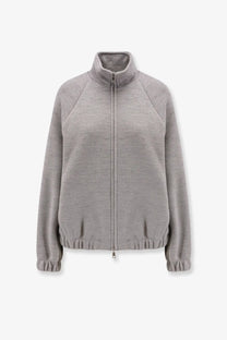 Max Mara women’s frine double wool cotton grey zip-up sweatshirt with high collar and ribbed cuffs
