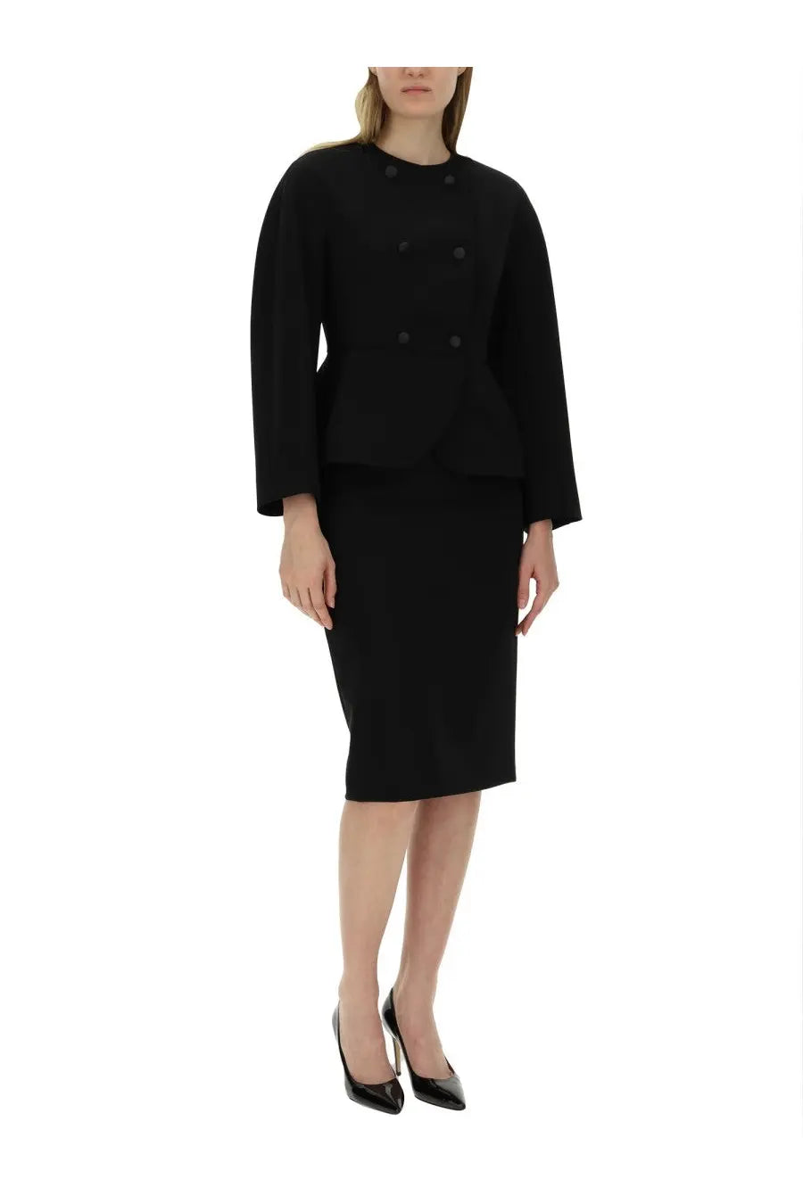 Max mara women’s frond jacket black double-breasted blazer with peplum waist and long sleeves in wool blend