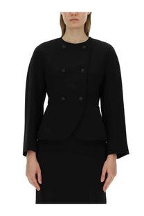 Max Mara women’s Frond jacket black double-breasted coat with bell sleeves and peplum hem front view
