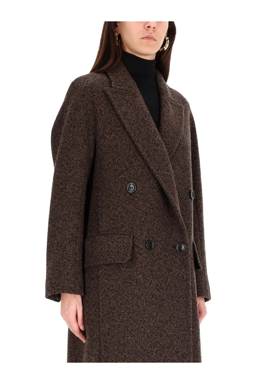 Max Mara Women’s Gappotto Bow black double-breasted wool coat with textured brown herringbone pattern and black buttons