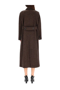 Max Mara women’s gappotto bow black brown patterned wool coat with belted waist and dark buttons front view