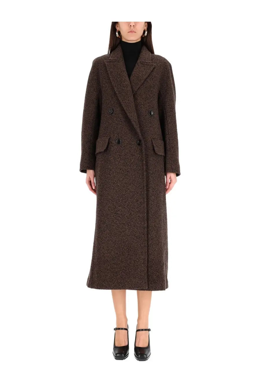 Max Mara women’s gappotto bow black dark brown double-breasted wool coat with subtle textured pattern