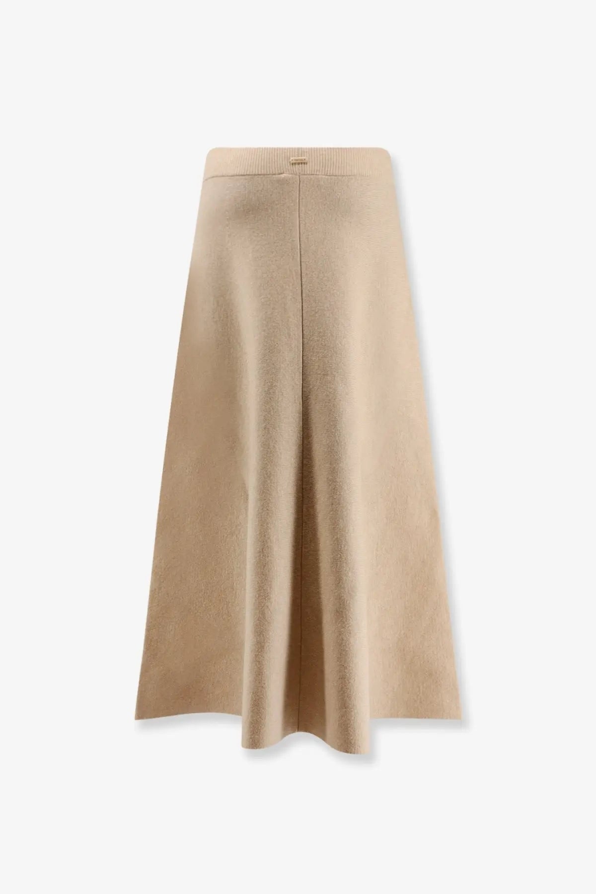 Max Mara women’s giberna beige wool and cashmere knit midi skirt with ribbed waistband and vertical seam detail