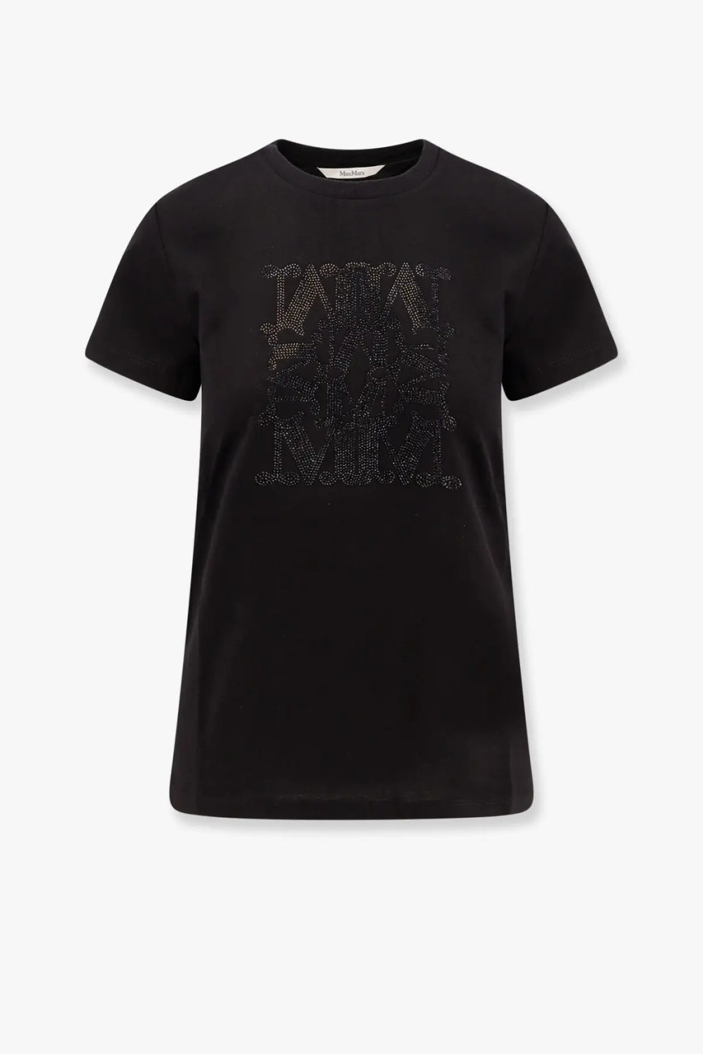 Max mara women’s giovane black short-sleeved cotton shirt with silver rhinestone m monogram across the chest
