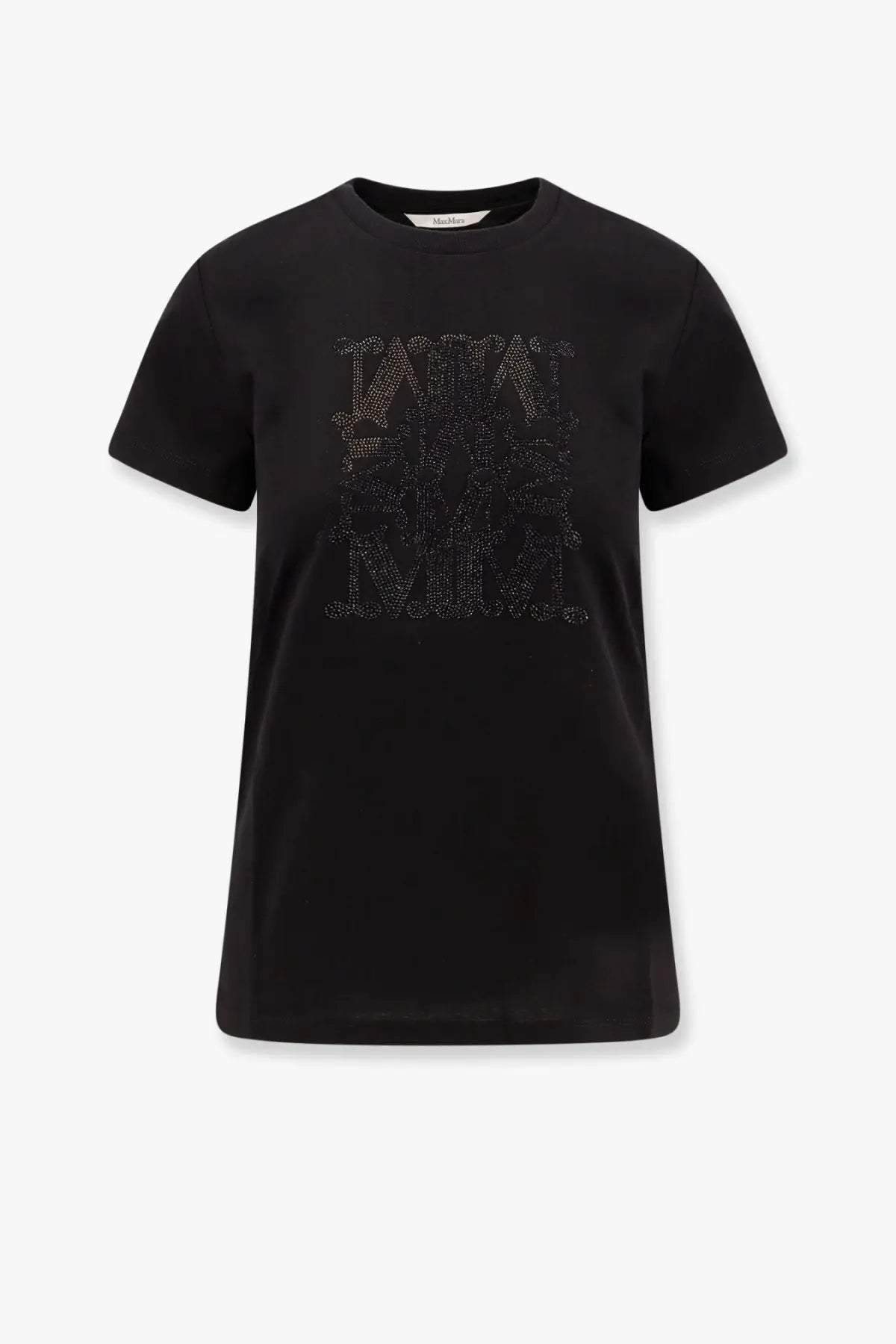 Max mara women’s giovane black short-sleeved cotton shirt with silver rhinestone m monogram across the chest