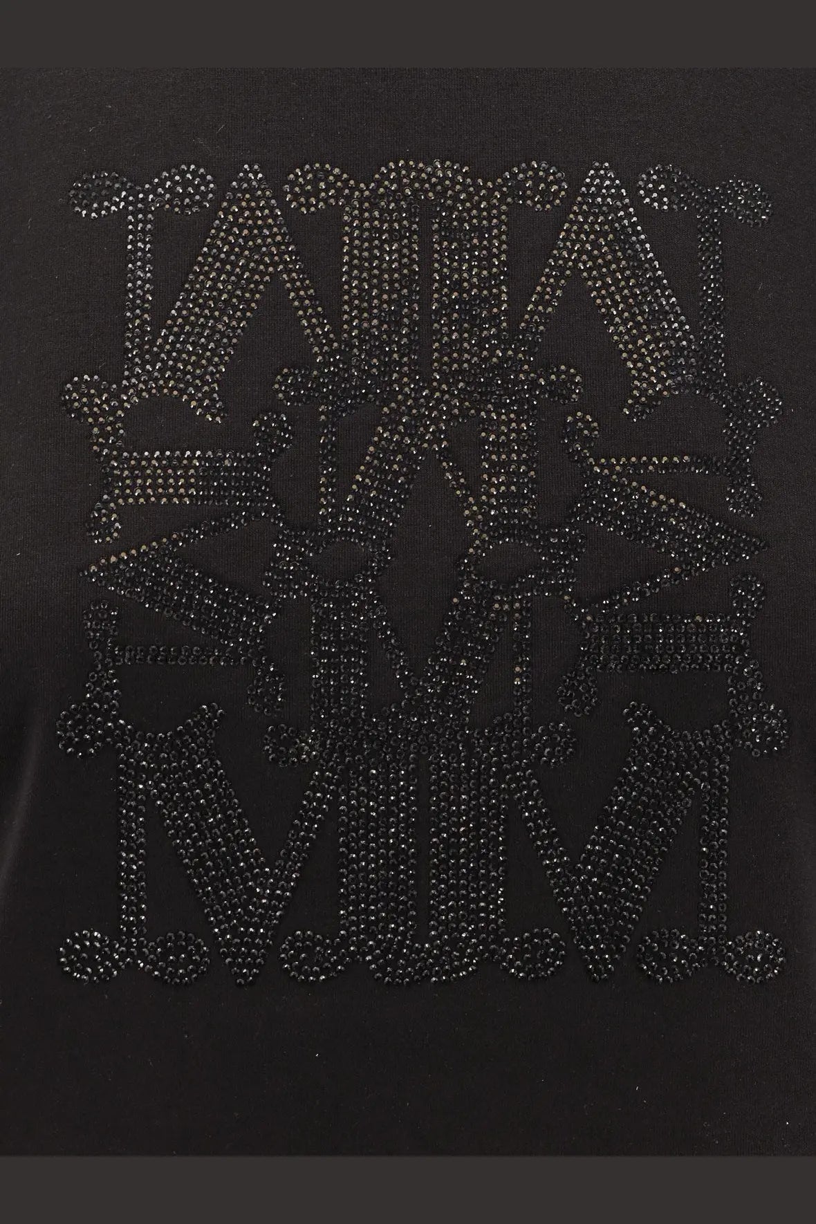 Max Mara women’s Giovane black cotton t shirt with bold geometric logo embellished with sparkling black rhinestones