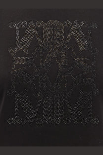 Max Mara women’s Giovane black cotton t shirt with bold geometric logo embellished with sparkling black rhinestones