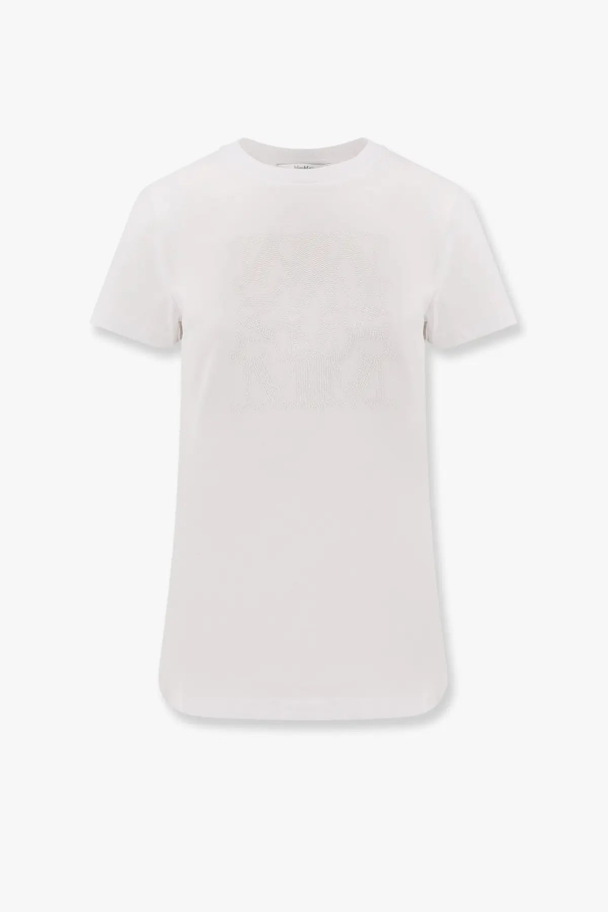 Max Mara women’s Giovane white cotton t-shirt with a minimalist design and subtle textured pattern across the chest