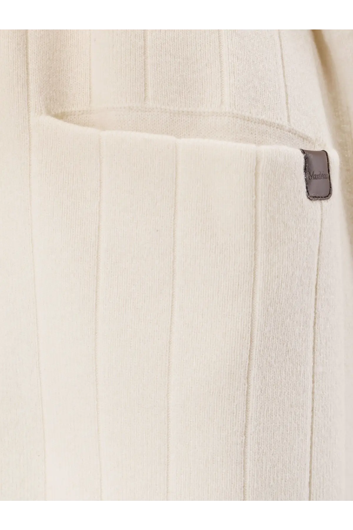 Max Mara women’s giusto cashmere cardigan white cream ribbed knit sweater with subtle vertical texture and gray brand tag