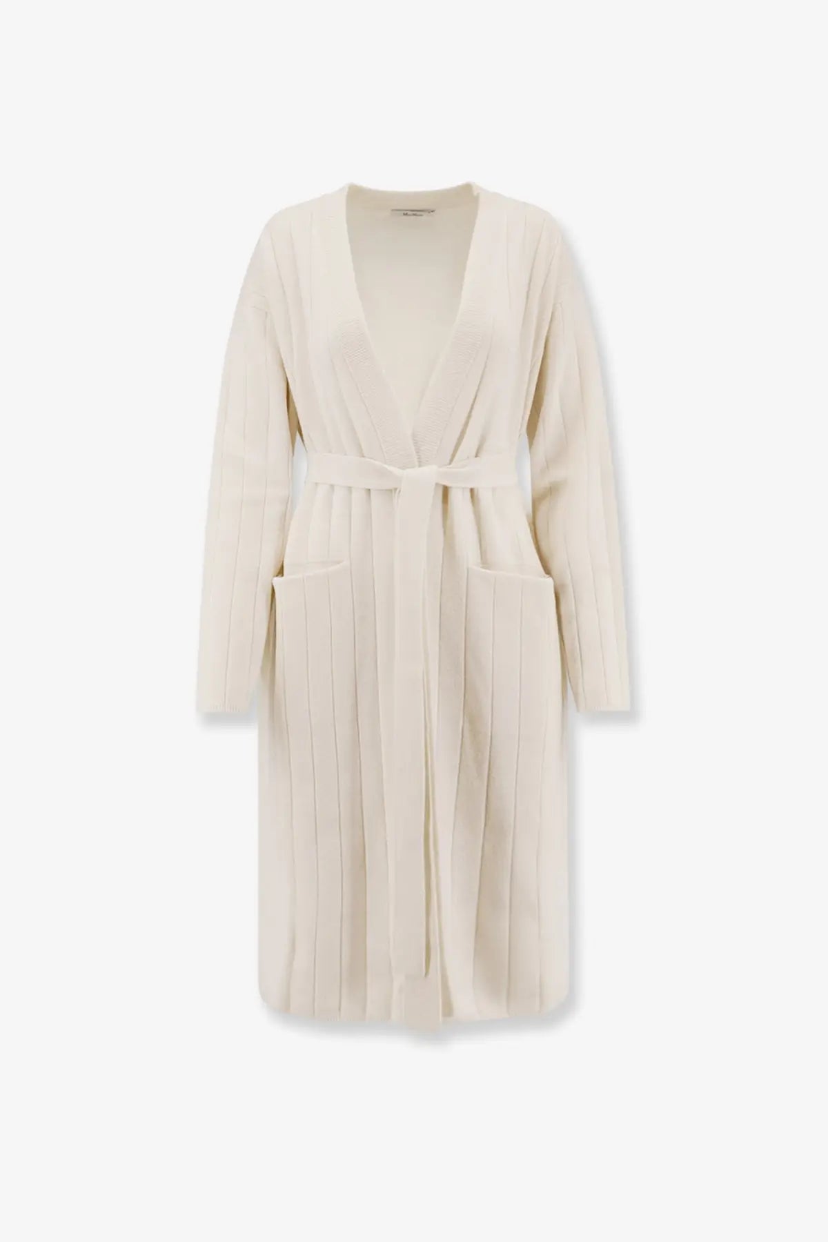 Max Mara women’s Giusto cream-colored ribbed knit cashmere cardigan with belted waist and front pockets