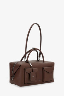 Max mara women’s holdall cargo leather handbag in brown with two front flap pockets and a top handle brown leather duffel bag
