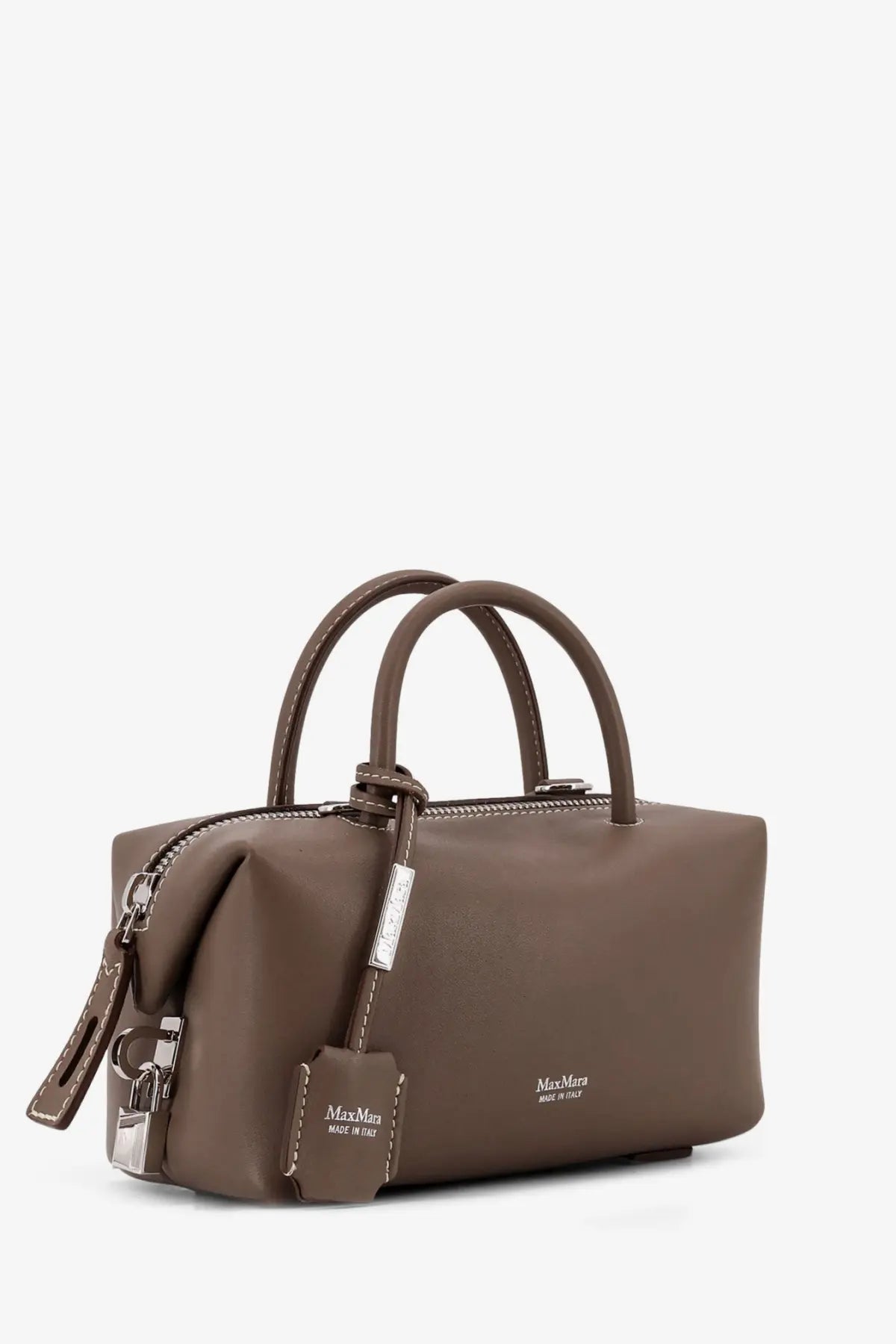A sleek taupe leather Max Mara women’s holdalls handbag with structured design and matching leather handles in gold