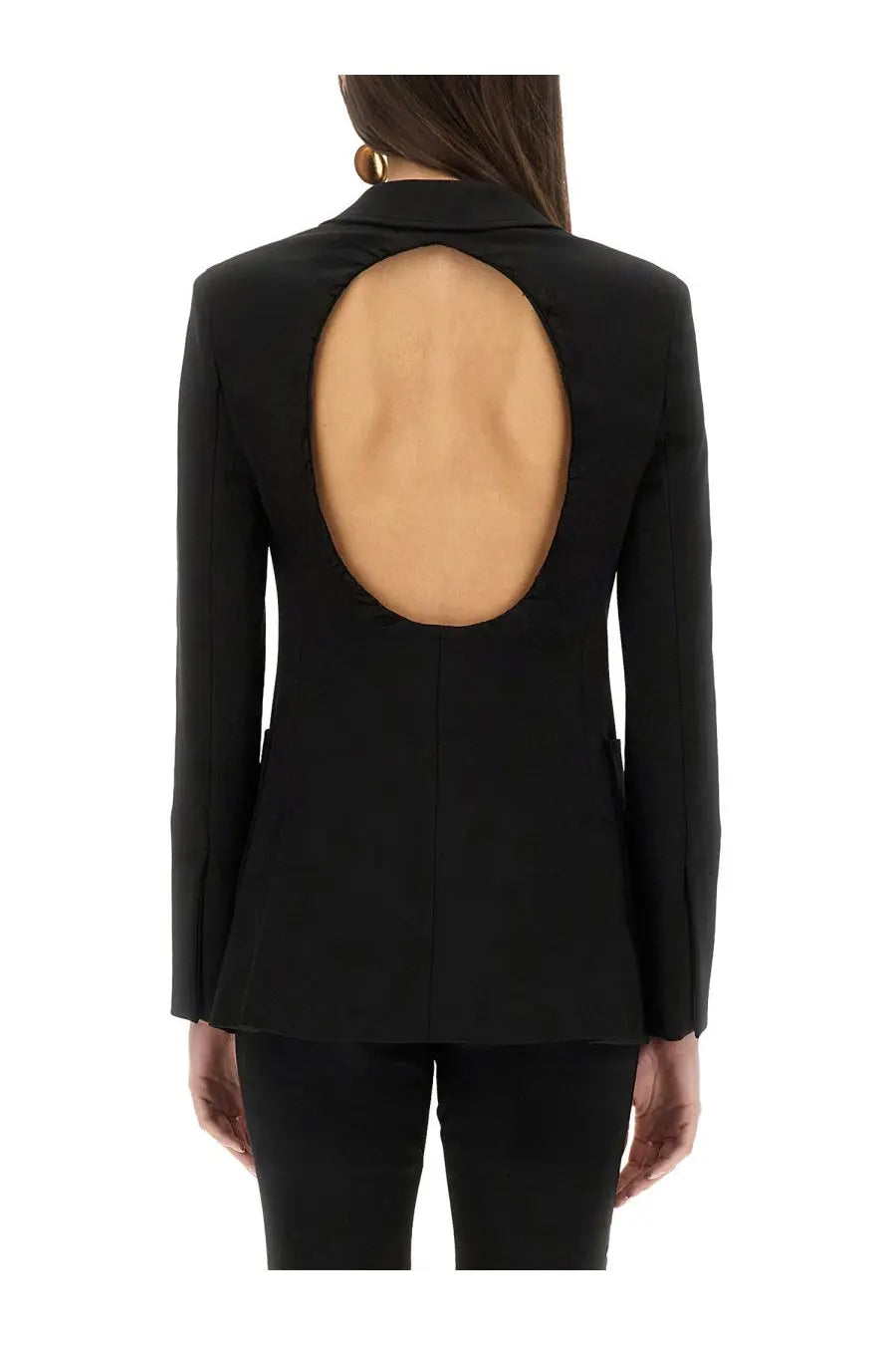 Back view of max mara women’s black blazer featuring a large oval cutout and tailored fabric design