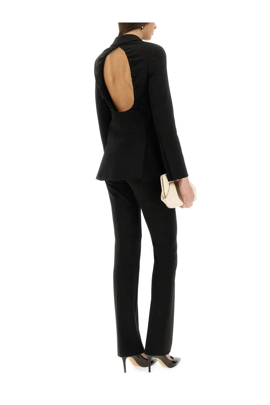 Max mara women’s black tailored blazer shown from the back with a distinctive open back design for stylish wear