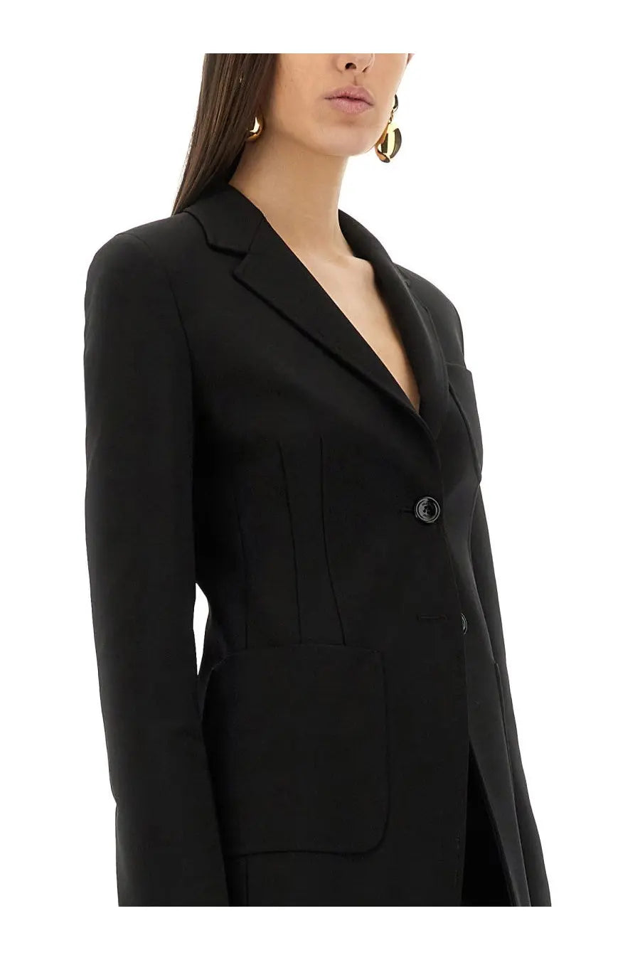 Max Mara women’s black tailored blazer with structured shoulders and single button closure perfect for formal wear