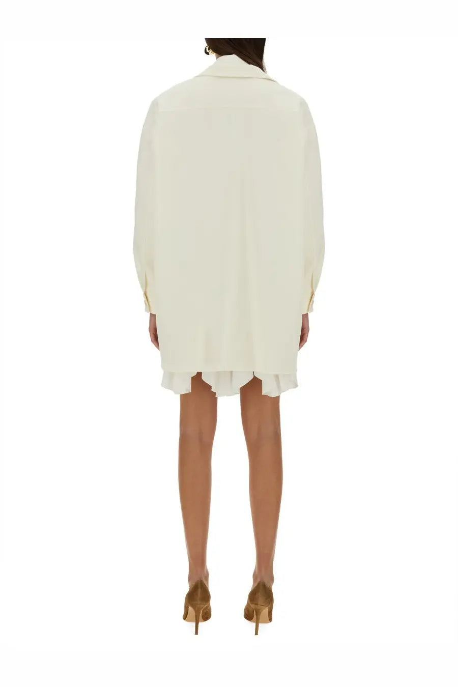 Max mara women’s jacket orlaya white cream-colored oversized silk shirt dress with ruffled hem and long sleeves front view