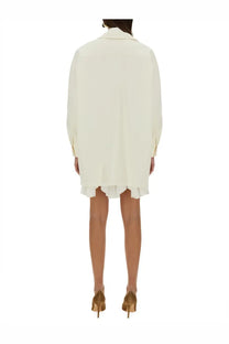Max mara women’s jacket orlaya white cream-colored oversized silk shirt dress with ruffled hem and long sleeves front view