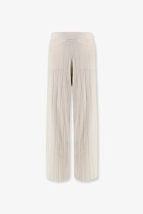 Max Mara women’s Jardin cashmere cream ribbed knit wide-leg trousers with vertical pleats and central front zipper