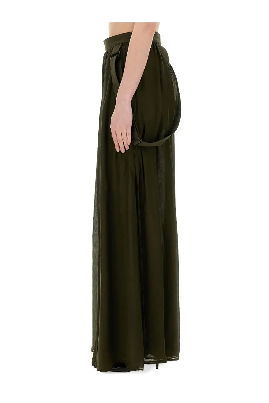 Max Mara women’s jedy skirt in olive green with draped flowing fabric and elasticated waistband front view