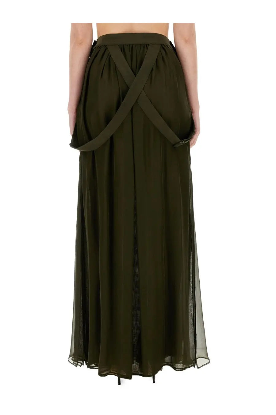 Max Mara women’s Jedy skirt green olive maxi skirt with flowing sheer overlay and crisscross fabric straps at waist