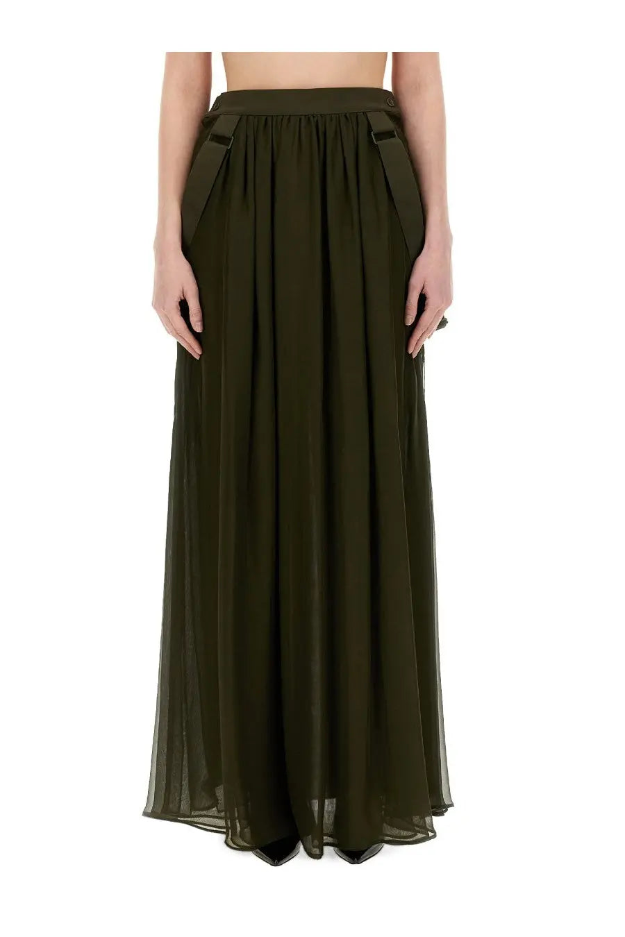 Max Mara women’s jedy olive green pleated maxi skirt with high-waisted elastic band and adjustable side straps