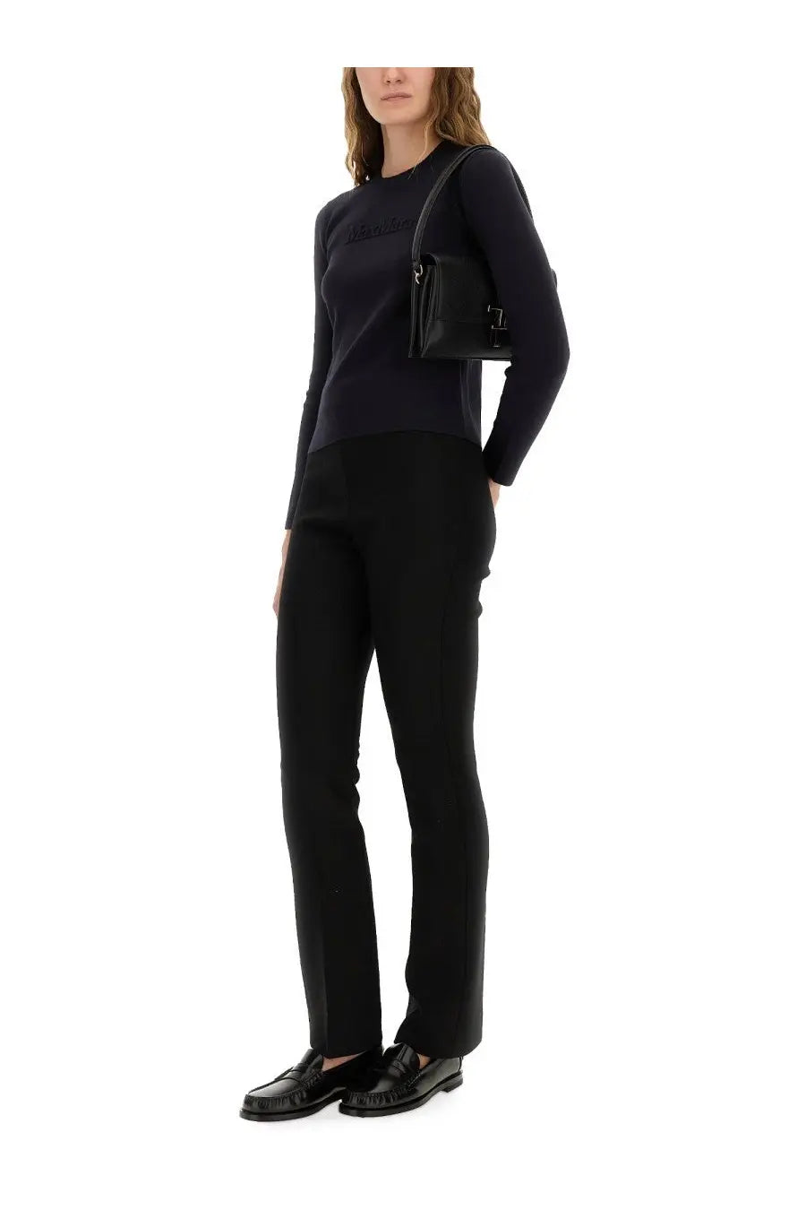 Black leather crossbody bag with minimalist design and small front clasp from max mara women’s jersey blue collection