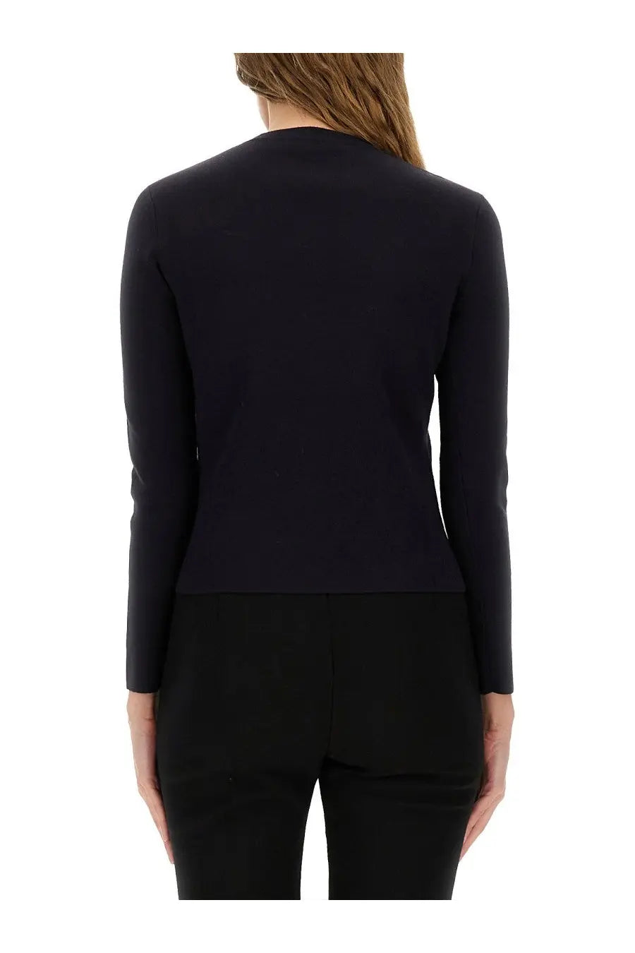 Max Mara women’s fitted black long-sleeved knit top with high neckline in jersey fabric