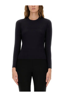 Max mara women’s black jersey long-sleeved top with subtle embroidered logo across the chest