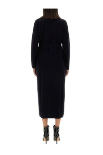 Max mara women’s jersey gestro blue black long-sleeved midi dress with belted waist and minimalist design