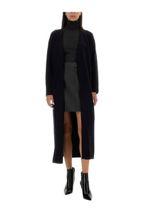 Max Mara women’s jersey gestro blue longline wool coat with high neckline and front slit