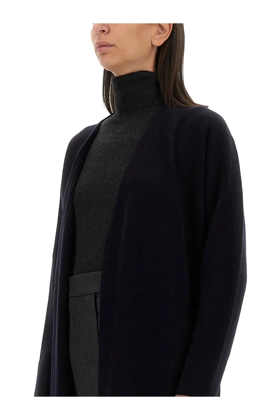 Max mara women’s jersey gestro blue black wool blend cardigan with high neckline and relaxed fit front view