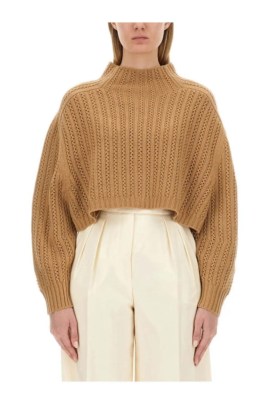 Max Mara women’s jersey hodeida beige camel-colored cropped knit sweater with ribbed texture and wide sleeves